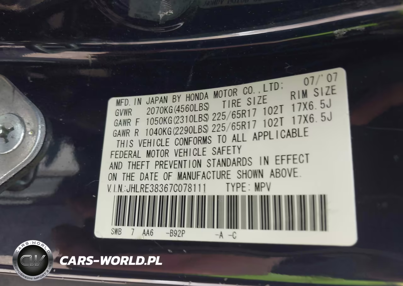 2007 Honda Cr-V Lx VIN:JHLRE38367C078111 - 9