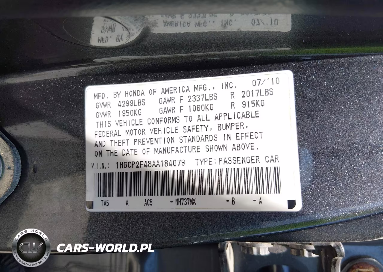 2010 Honda Accord 2.4 Lx-P VIN:1HGCP2F48AA184079 - 9