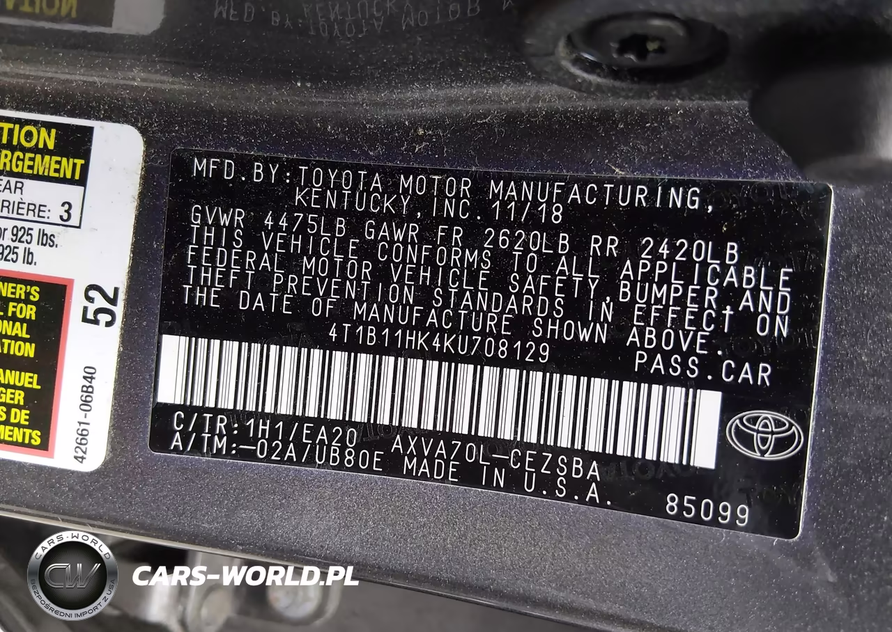 2019 Toyota Camry Se VIN:4T1B11HK4KU708129 - 9