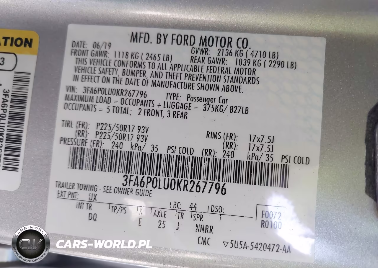 2019 Ford Fusion Hybrid Se VIN:3FA6P0LU0KR267796 - 9