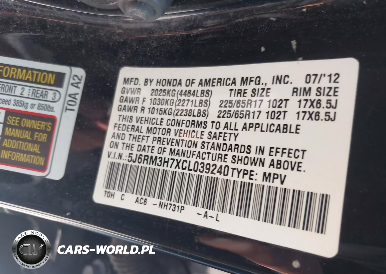 2012 Honda Cr-V Ex-L VIN:5J6RM3H7XCL039240 - 9