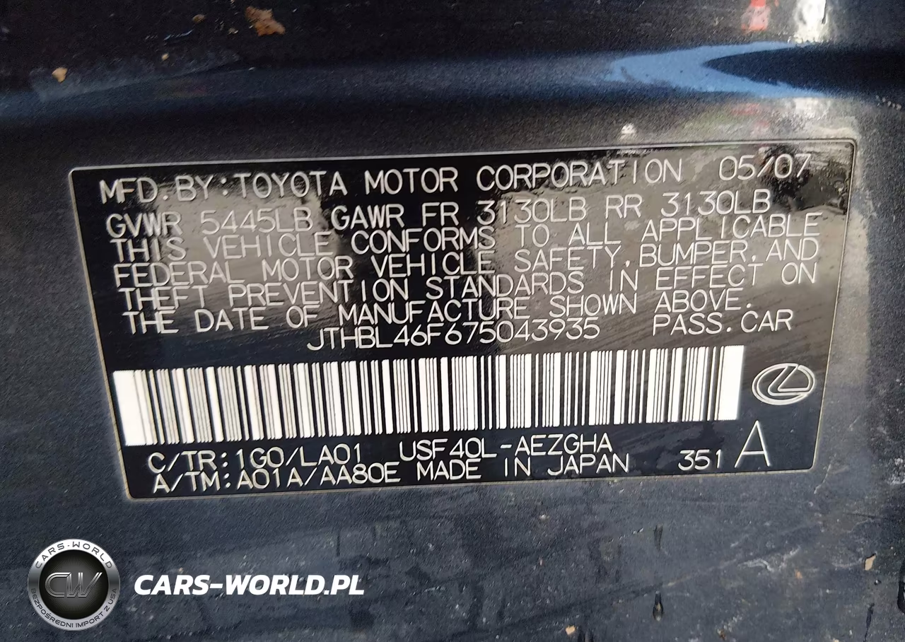 2007 Lexus Ls 460 VIN:JTHBL46F675043935 - 9
