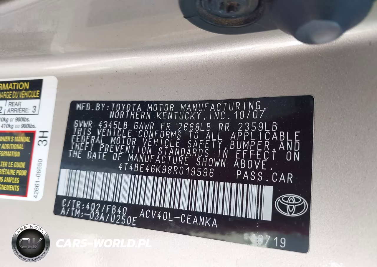 2008 Toyota Camry Le VIN:4T4BE46K98R019596 - 9