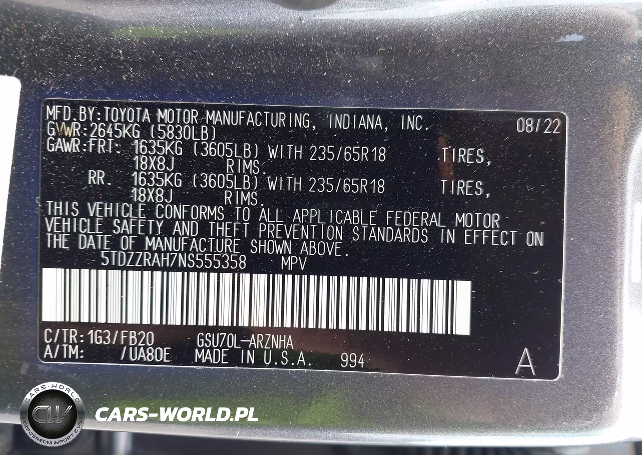 2022 Toyota Highlander Le VIN:5TDZZRAH7NS555358 - 9