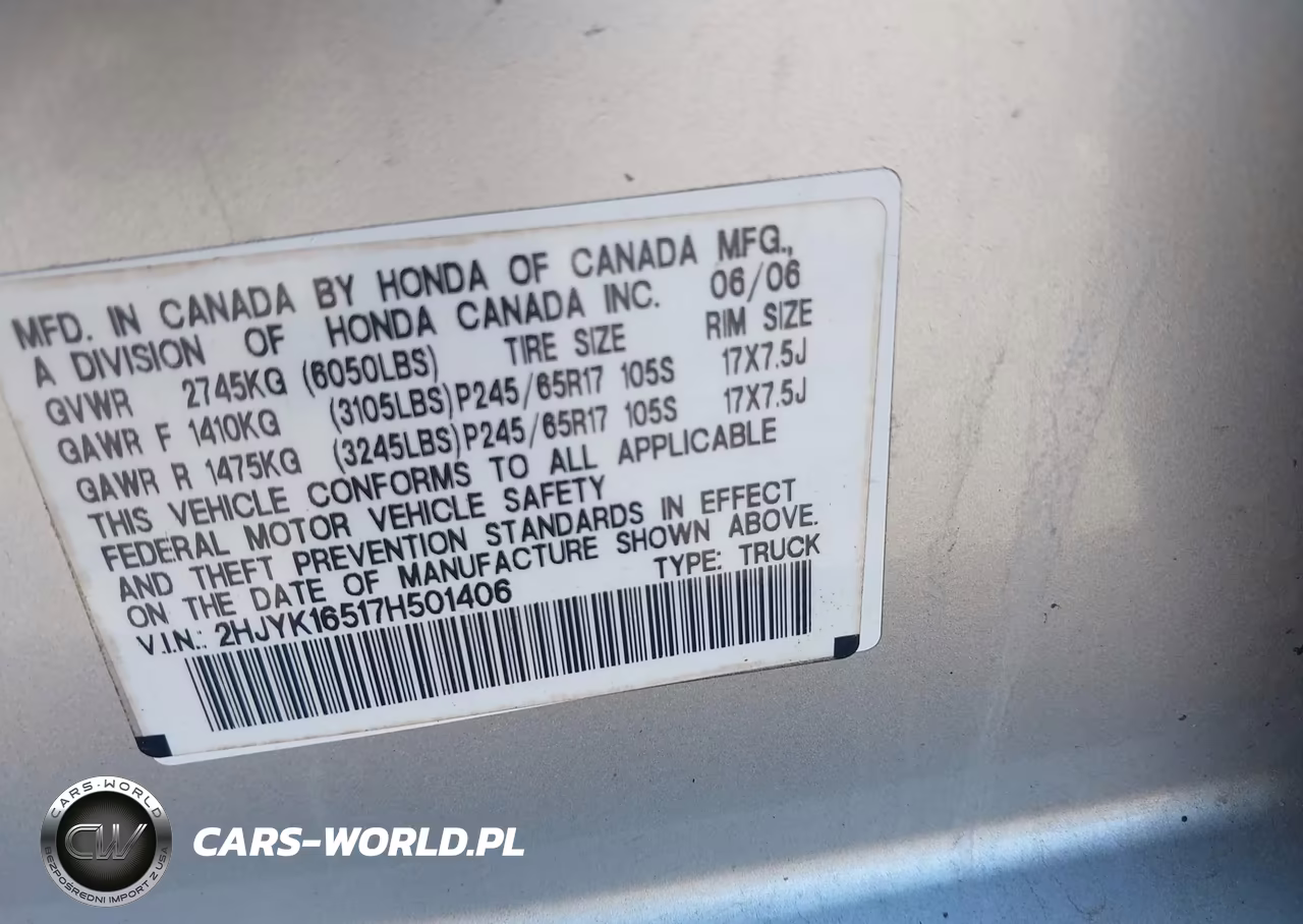 2007 Honda Ridgeline Rtl VIN:2HJYK16517H501406 - 9