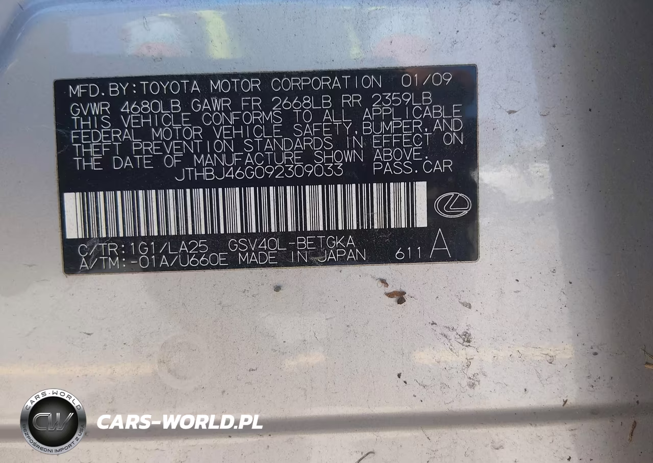 2009 Lexus Es 350 VIN:JTHBJ46G092309033 - 9
