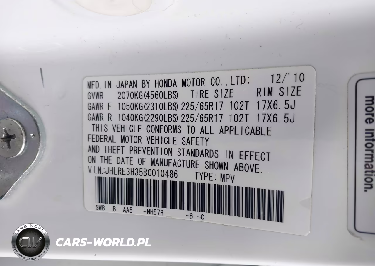 2011 Honda Cr-V Lx VIN:JHLRE3H35BC010486 - 9