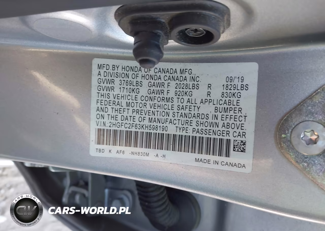 2019 Honda Civic Lx VIN:2HGFC2F63KH598190 - 9