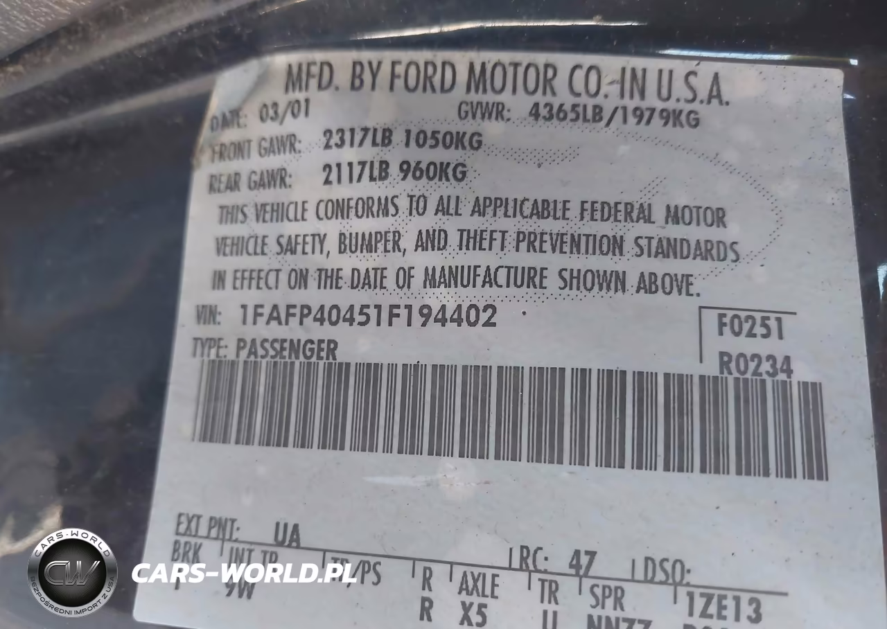 2001 Ford Mustang VIN:1FAFP40451F194402 - 9