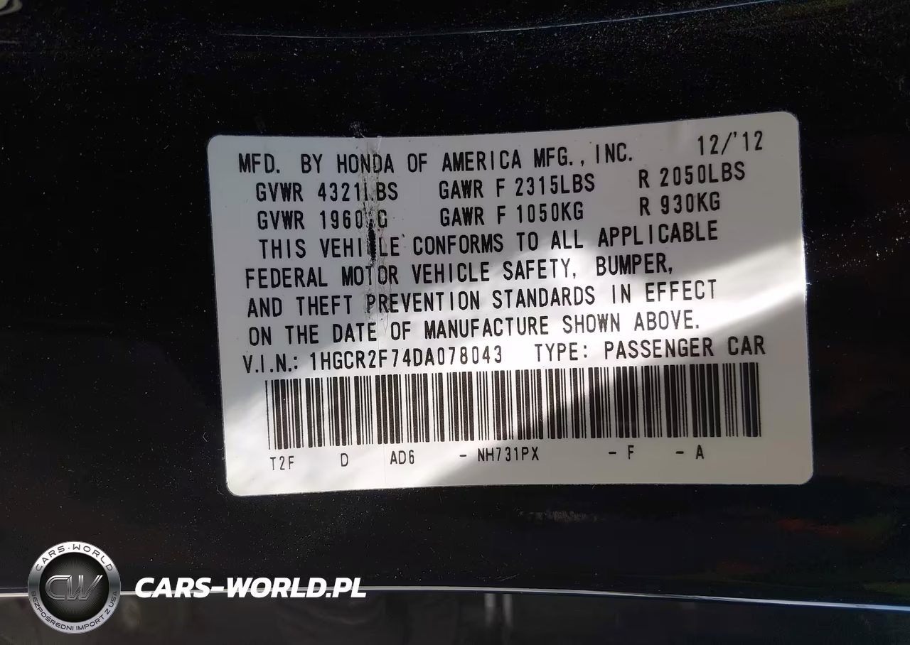 2013 Honda Accord Ex VIN:1HGCR2F74DA078043 - 9
