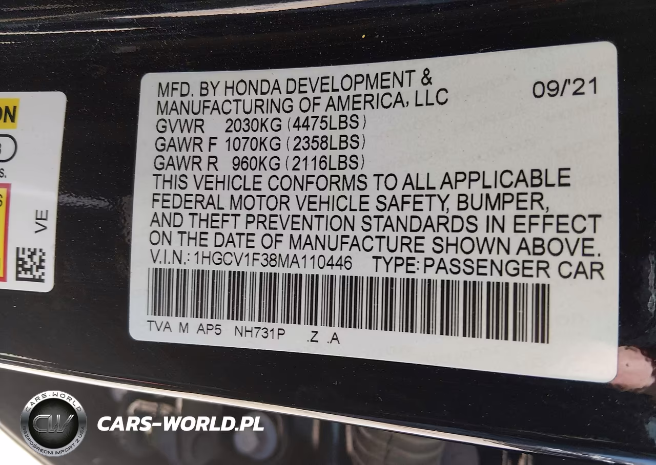 2021 Honda Accord Sport VIN:1HGCV1F38MA110446 - 9