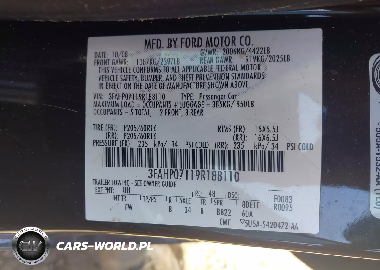 2009 Ford Fusion Se VIN:3FAHP07119R188110 - 9
