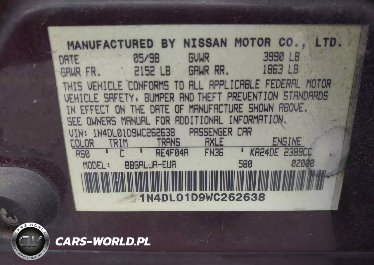 1998 Nissan Altima Gle-Gxe-Se-Xe VIN:1N4DL01D9WC262638 - 9