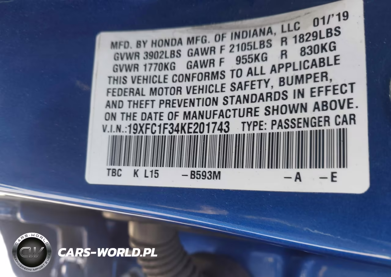2019 Honda Civic Ex VIN:19XFC1F34KE201743 - 9