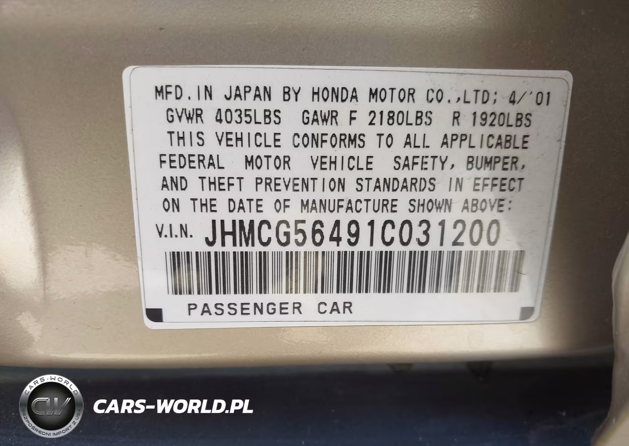 2001 Honda Accord 2.3 Lx VIN:JHMCG56491C031200 - 9