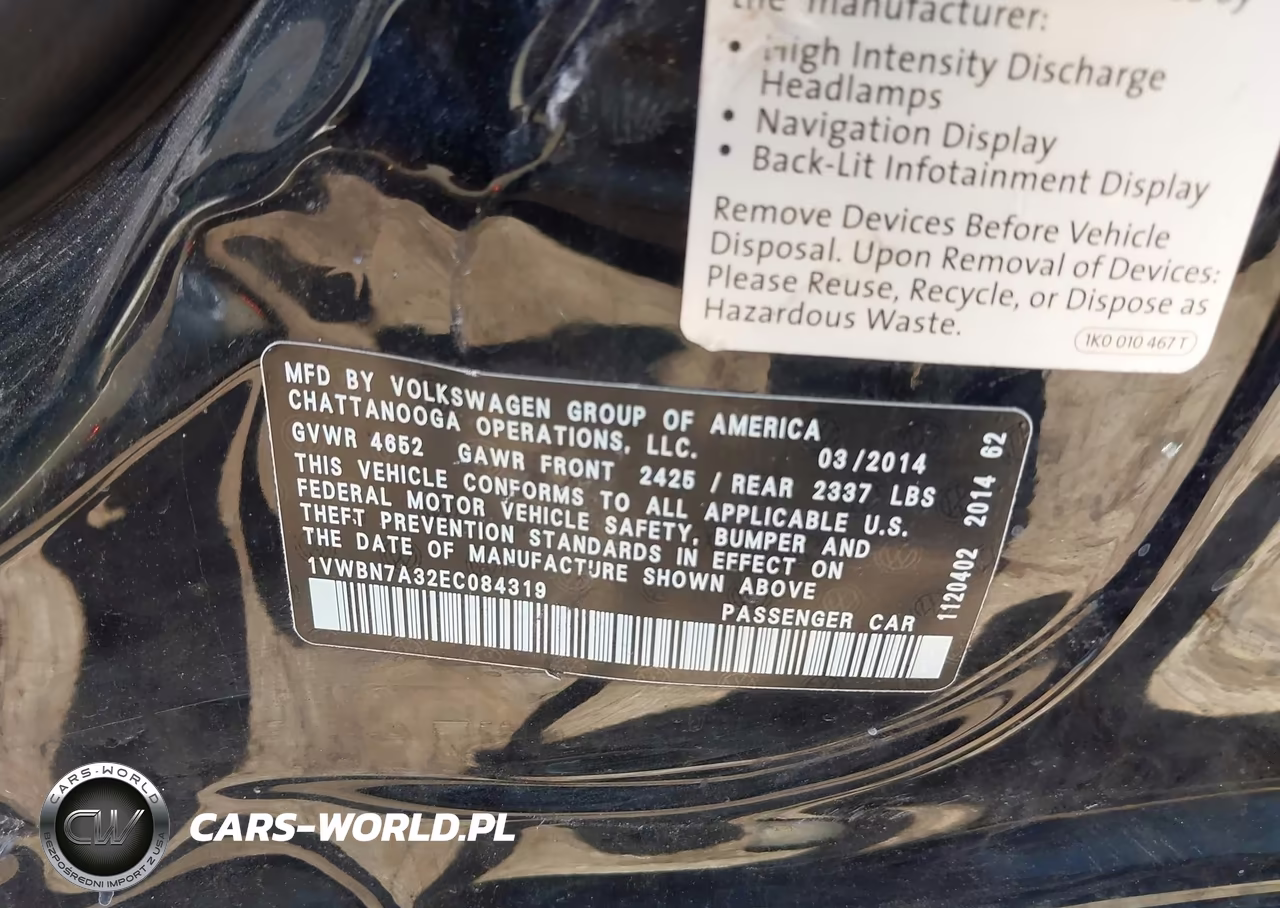 2014 Volkswagen Passat 2.0L Tdi Se VIN:1VWBN7A32EC084319 - 9