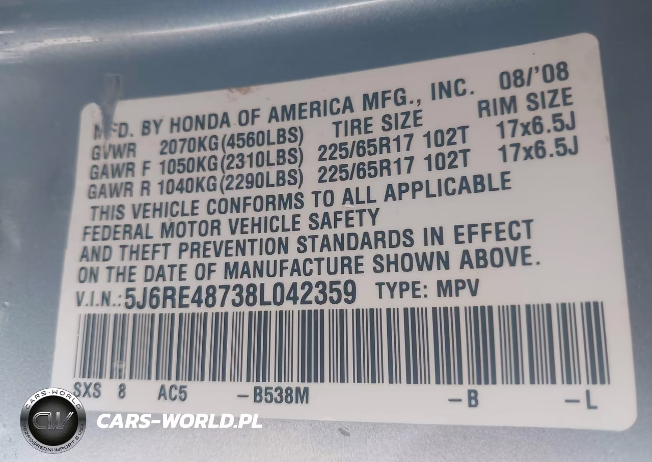 2008 Honda Cr-V Ex-L VIN:5J6RE48738L042359 - 9