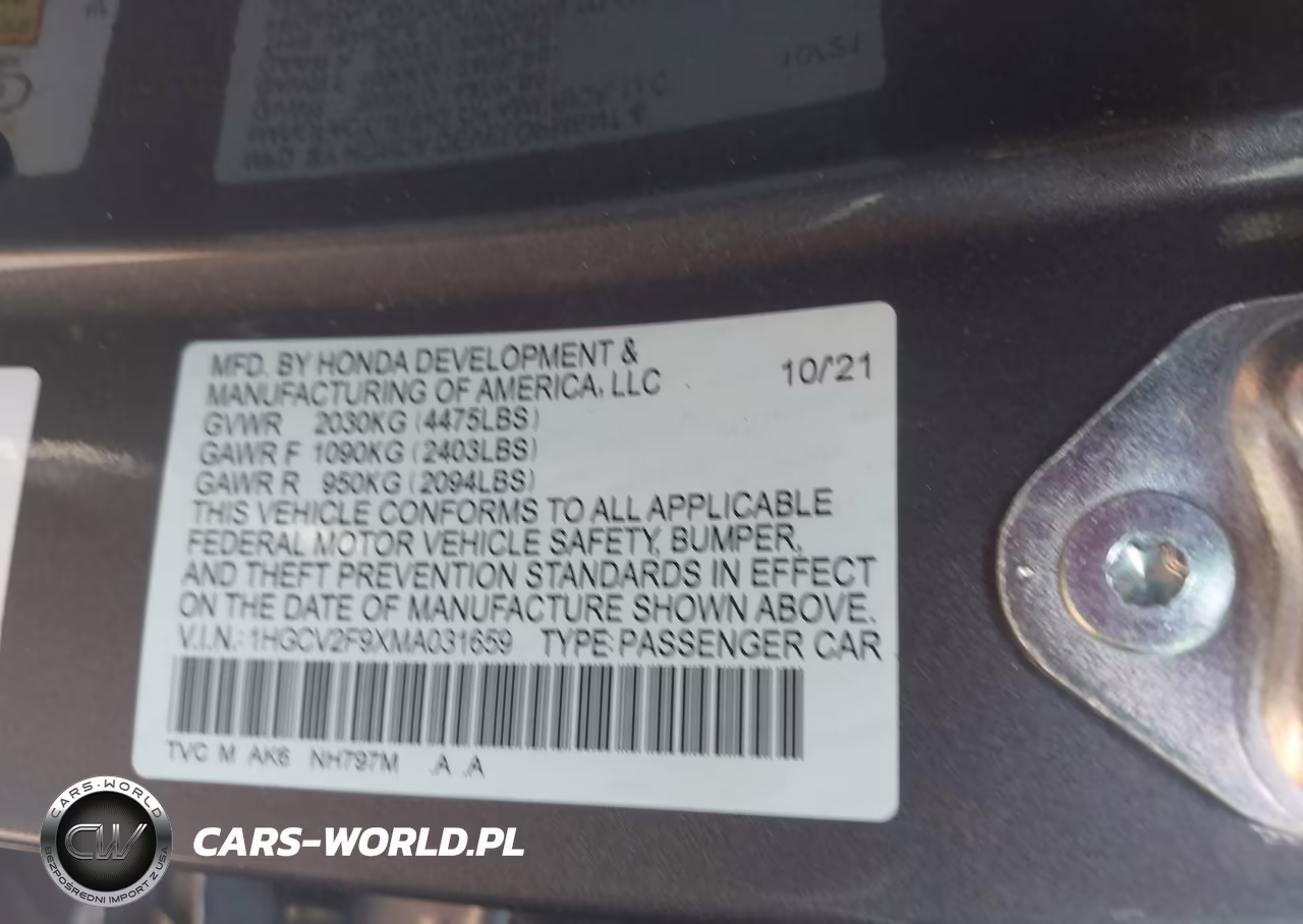 2021 Honda Accord Touring VIN:1HGCV2F9XMA031659 - 9