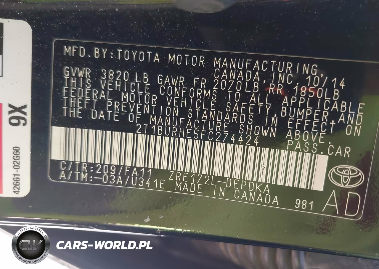 2015 Toyota Corolla L VIN:2T1BURHE5FC274424 - 9