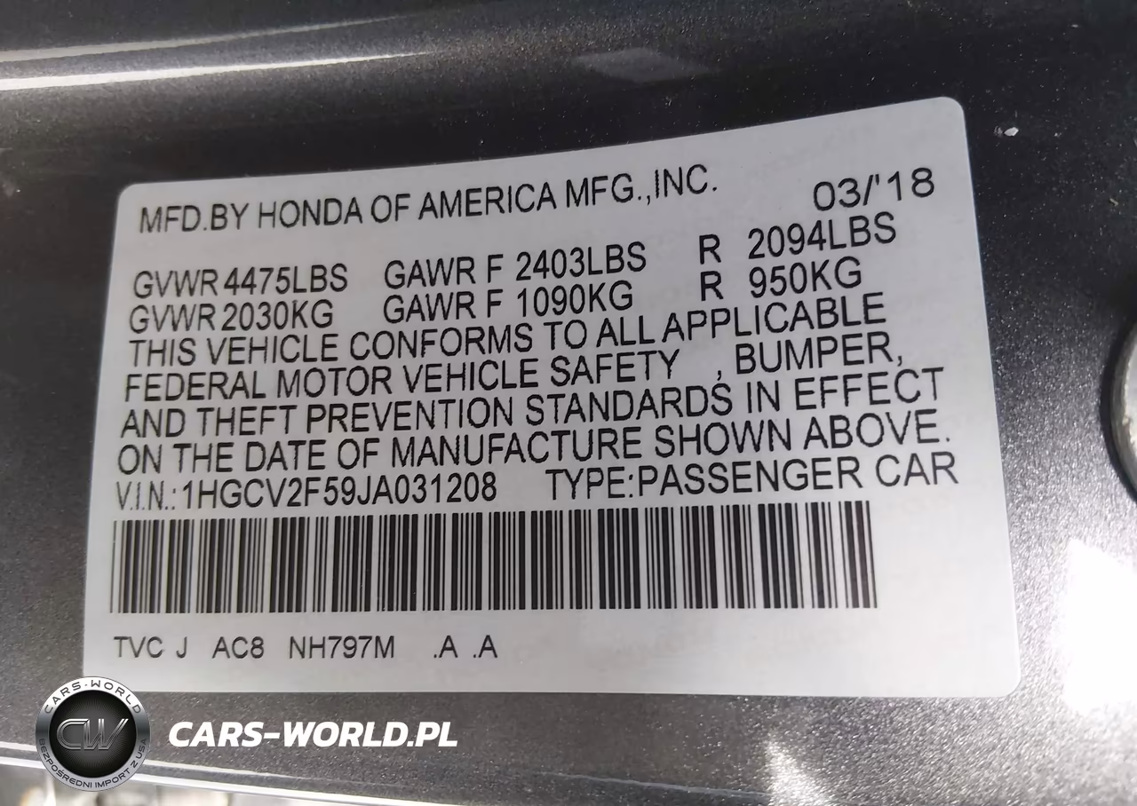 2018 Honda Accord Ex-L 2.0T VIN:1HGCV2F59JA031208 - 9