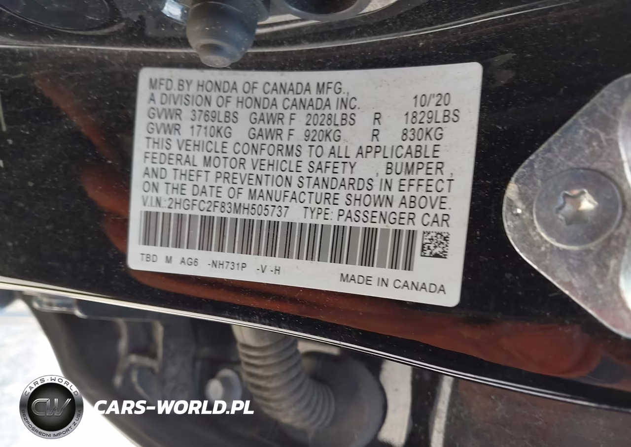 2021 Honda Civic Sport VIN:2HGFC2F83MH505737 - 9