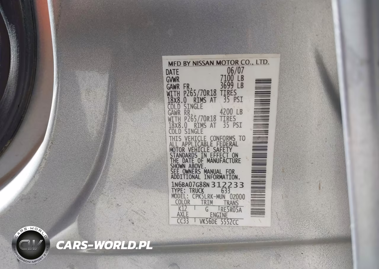 2008 Nissan Titan Xe VIN:1N6BA07G88N312233 - 9