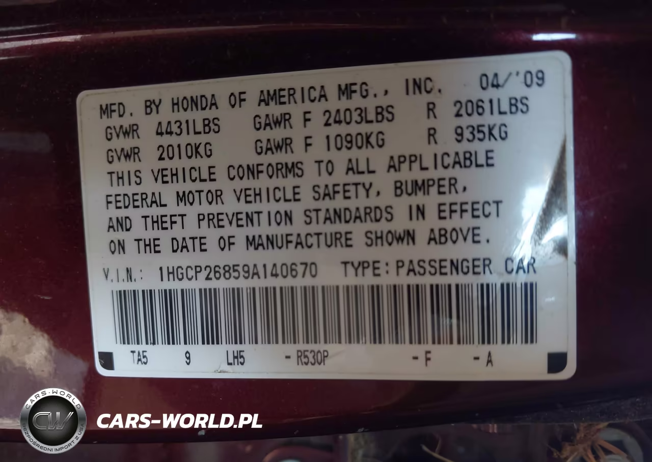 2009 Honda Accord 2.4 Ex-L VIN:1HGCP26859A140670 - 9
