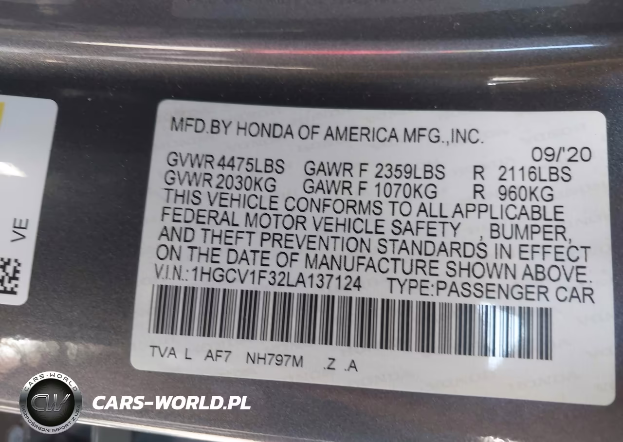 2020 Honda Accord Sport VIN:1HGCV1F32LA137124 - 9