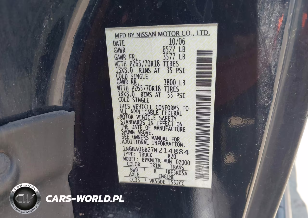 2007 Nissan Titan Se VIN:1N6BA06B27N214884 - 9