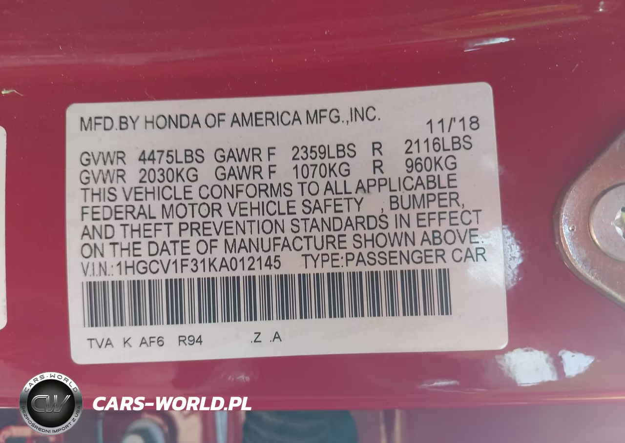 2019 Honda Accord Sport VIN:1HGCV1F31KA012145 - 9