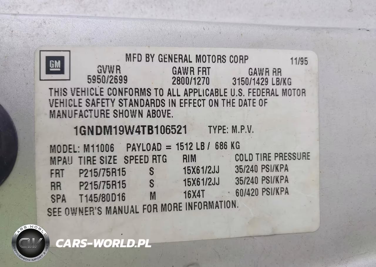 1996 Chevrolet Astro VIN:1GNDM19W4TB106521 - 9