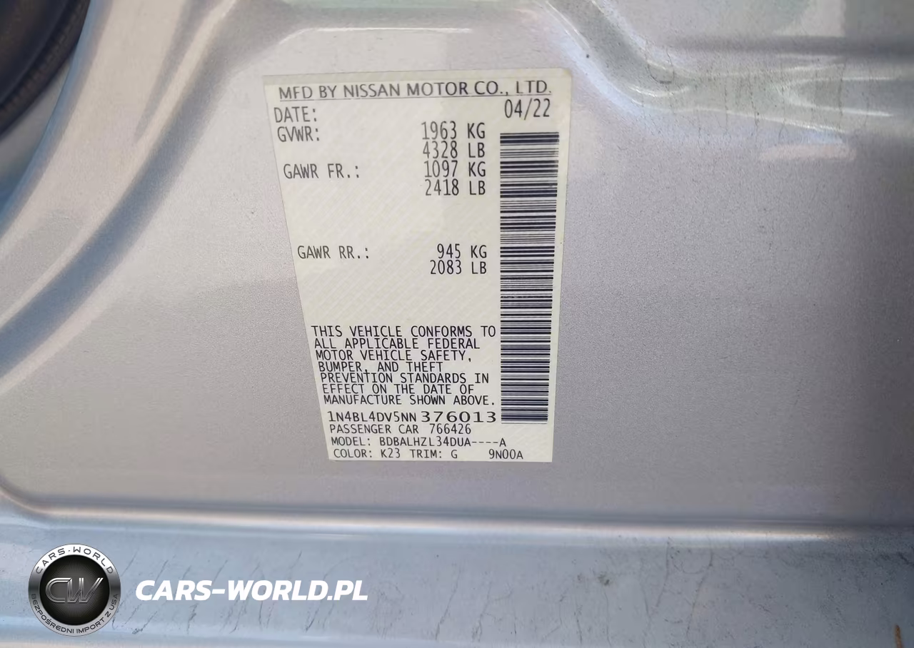2022 Nissan Altima Sv Fwd VIN:1N4BL4DV5NN376013 - 9