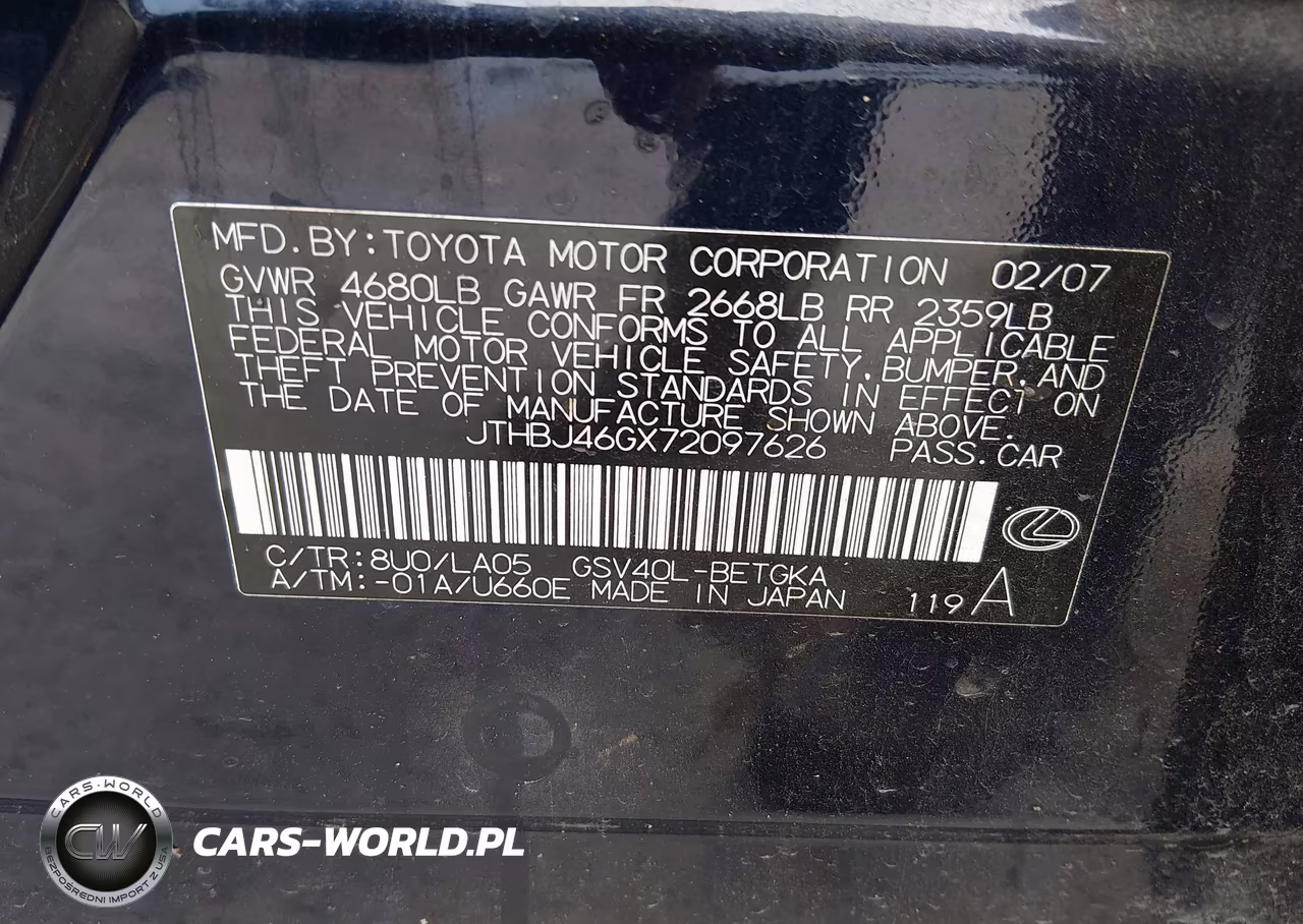 2007 Lexus Es 350 VIN:JTHBJ46GX72097626 - 9