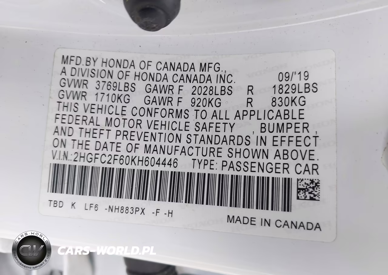 2019 Honda Civic Lx VIN:2HGFC2F60KH604446 - 9