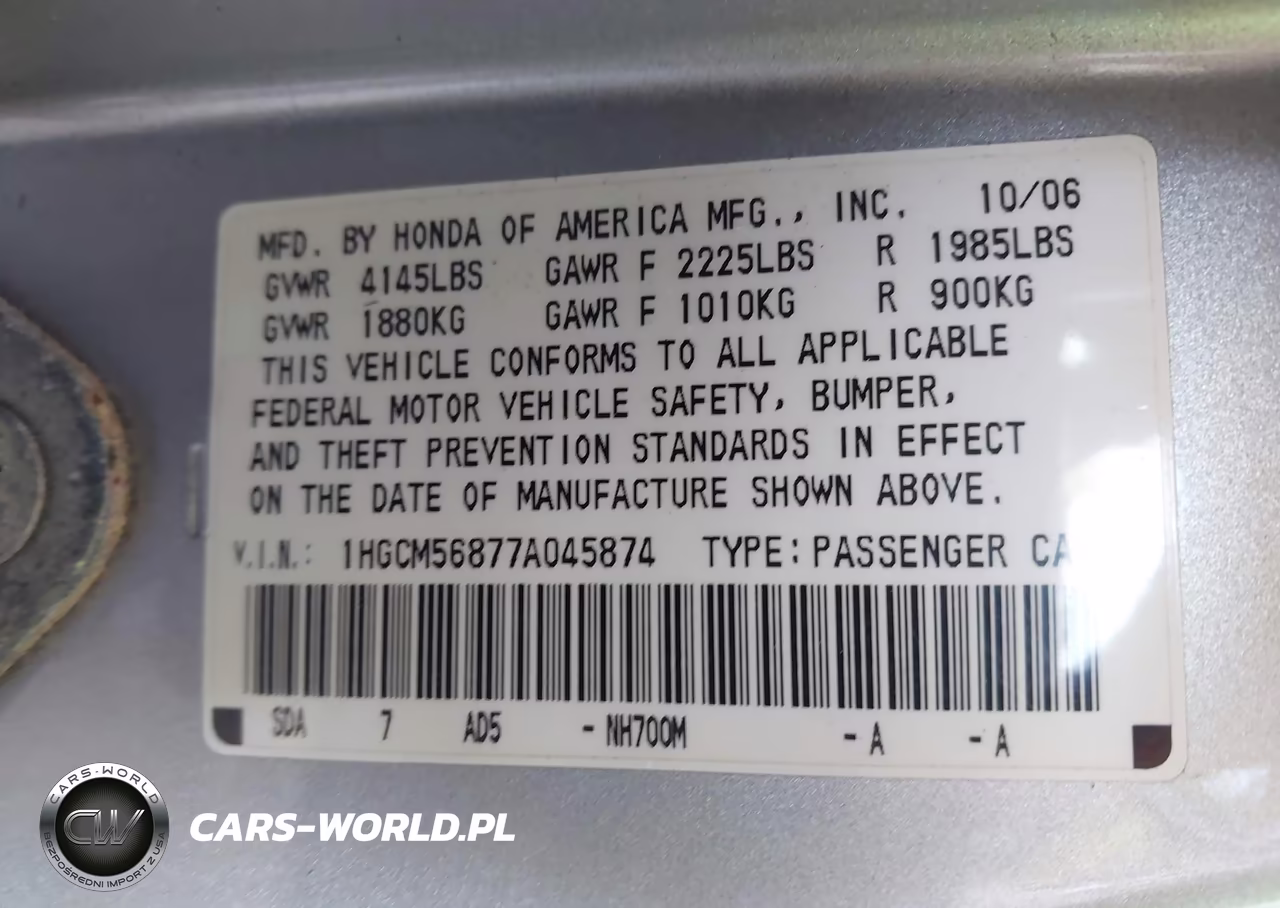 2007 Honda Accord 2.4 Ex VIN:1HGCM56877A045874 - 9