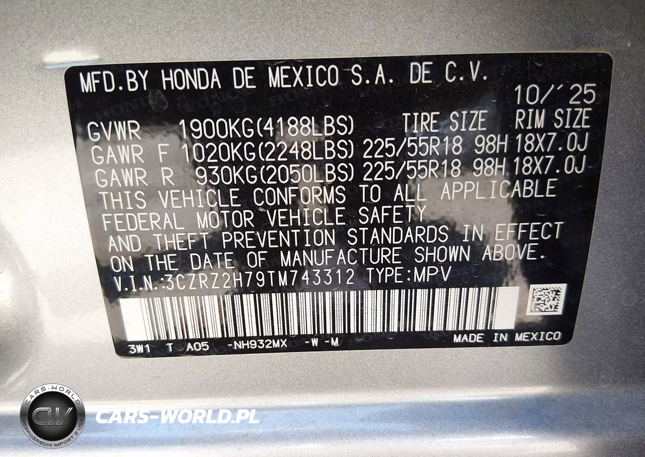 2026 Honda Hr-V Awd Ex-L VIN:3CZRZ2H79TM743312 - 9
