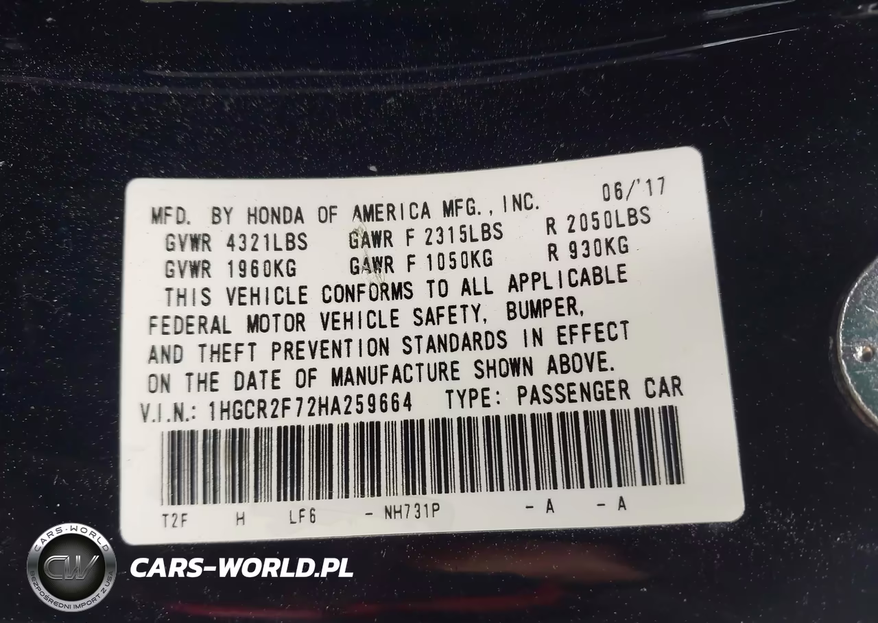 2017 Honda Accord Ex VIN:1HGCR2F72HA259664 - 9