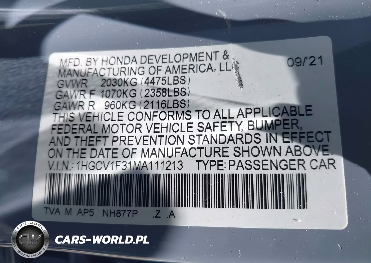 2021 Honda Accord Sport VIN:1HGCV1F31MA111213 - 9