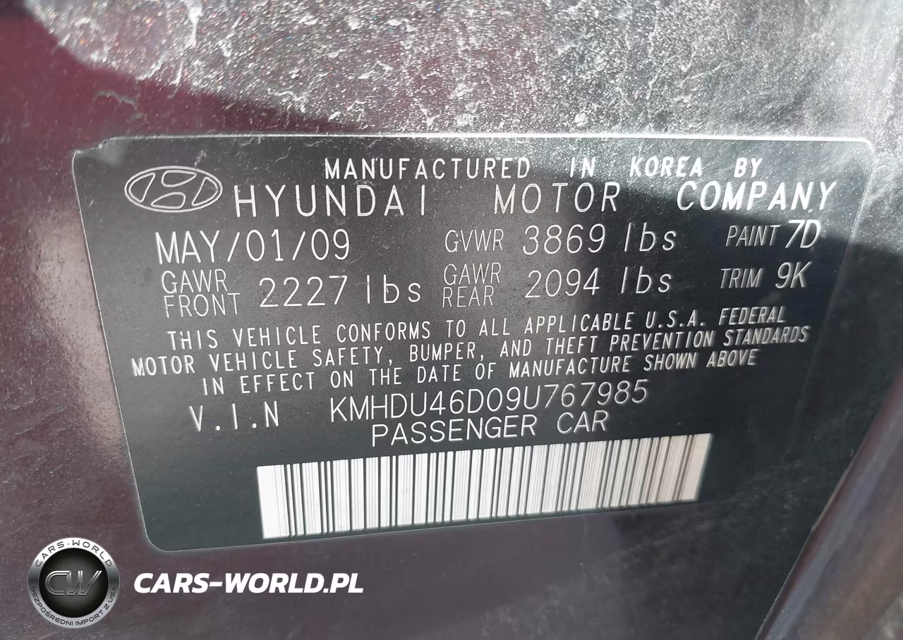2009 Hyundai Elantra Gls VIN:KMHDU46D09U767985 - 9