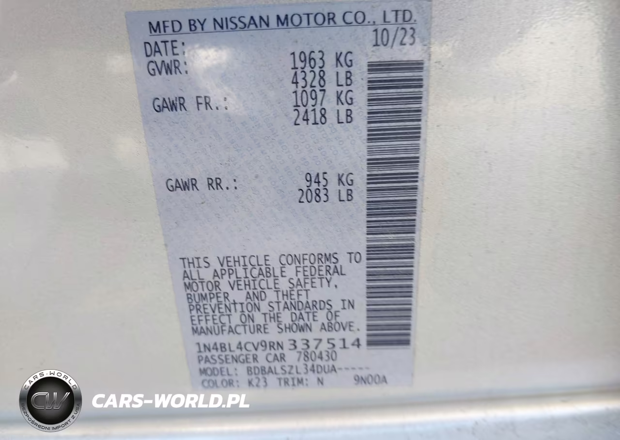 2024 Nissan Altima Sr Fwd VIN:1N4BL4CV9RN337514 - 9