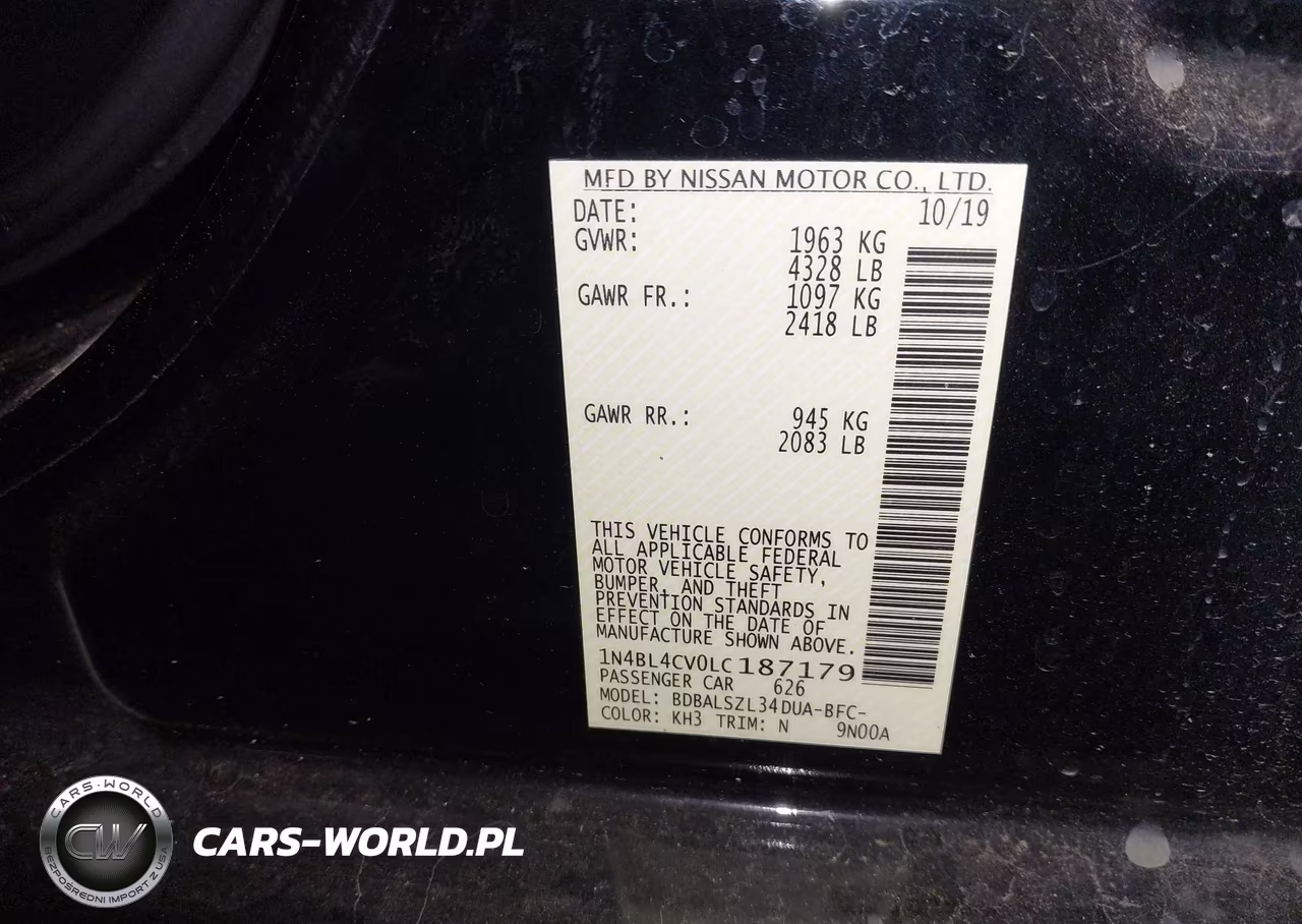 2020 Nissan Altima Sr Fwd VIN:1N4BL4CV0LC187179 - 9