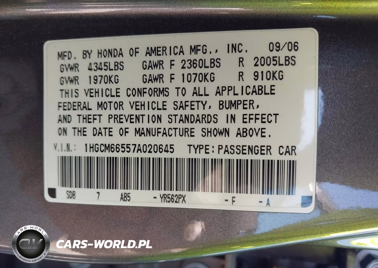 2007 Honda Accord 3.0 Ex VIN:1HGCM66557A020645 - 9