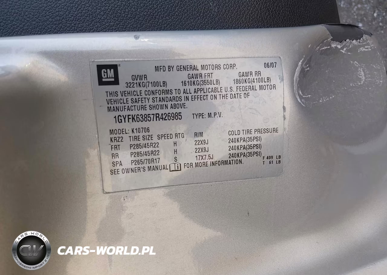 2007 Cadillac Escalade Standard VIN:1GYFK63857R426985 - 9