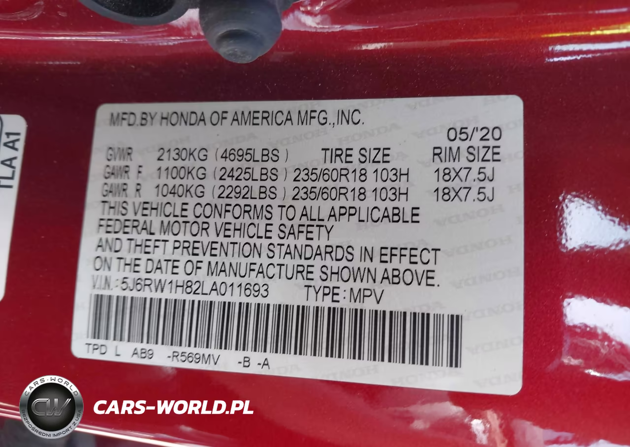 2020 Honda Cr-V 2Wd Ex-L VIN:5J6RW1H82LA011693 - 9