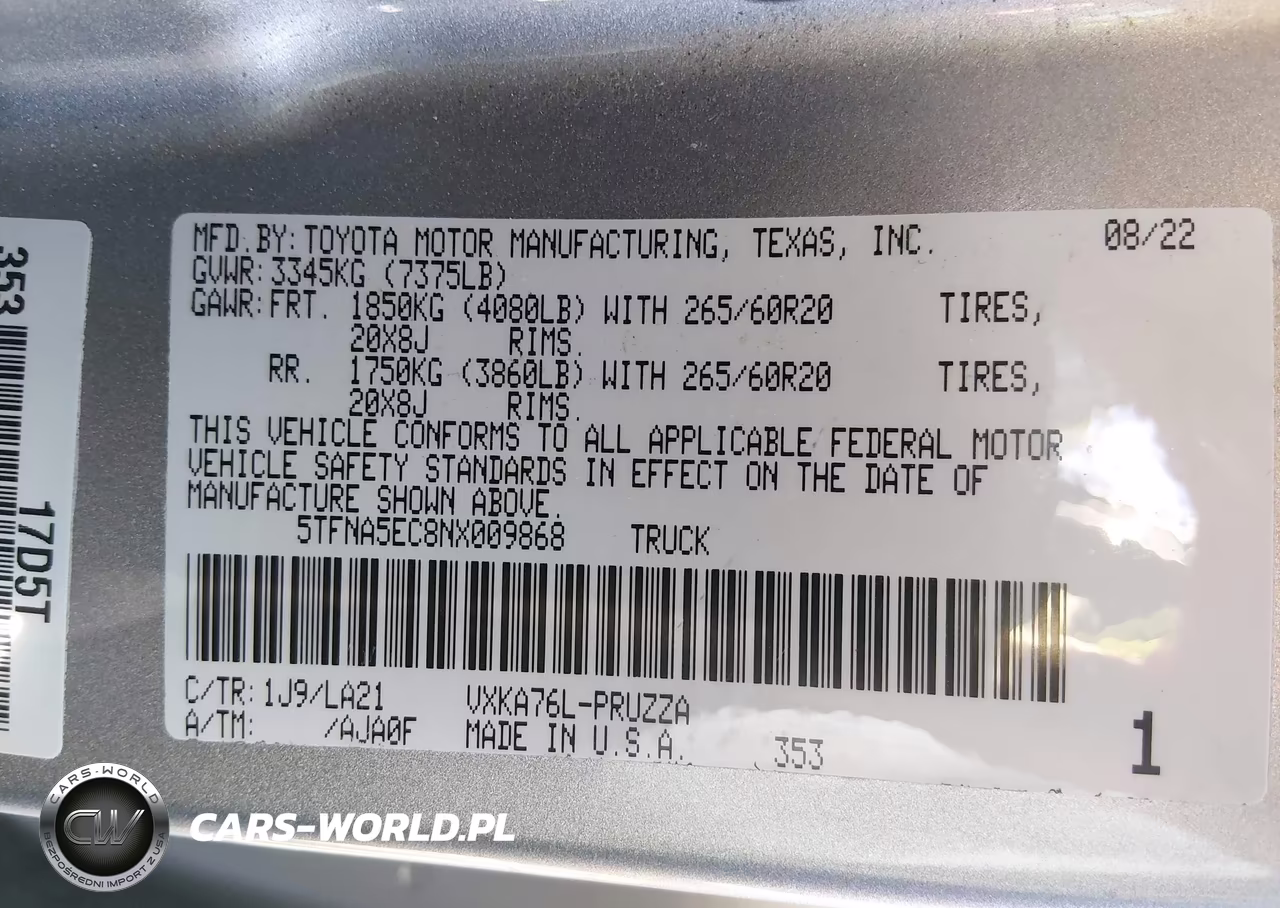2022 Toyota Tundra Platinum VIN:5TFNA5EC8NX009868 - 9