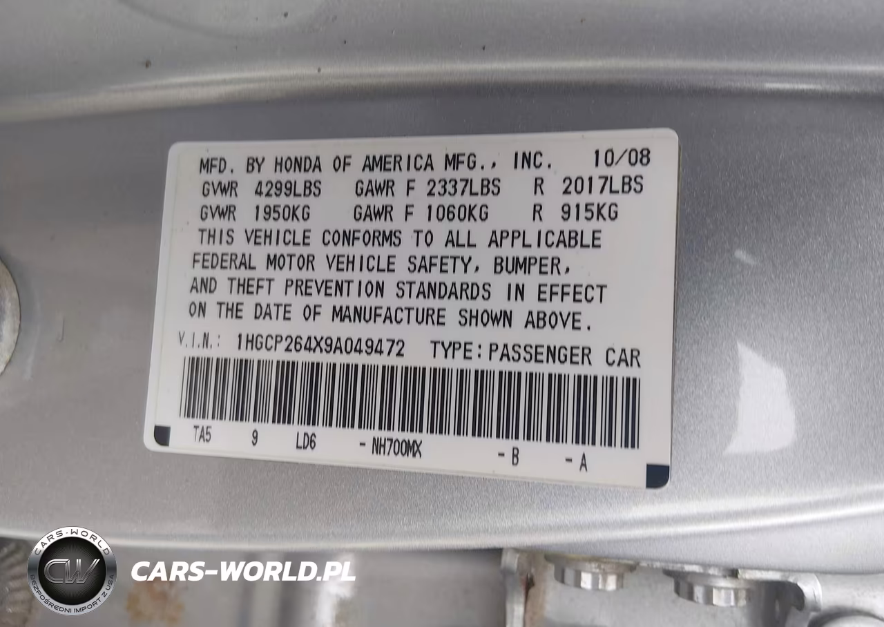 2009 Honda Accord 2.4 Lx-P VIN:1HGCP264X9A049472 - 9