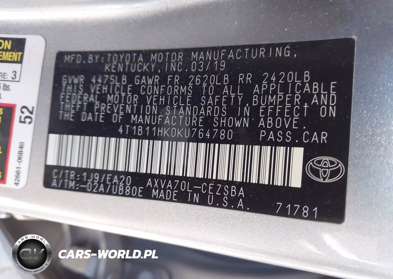 2019 Toyota Camry Se VIN:4T1B11HK0KU764780 - 9