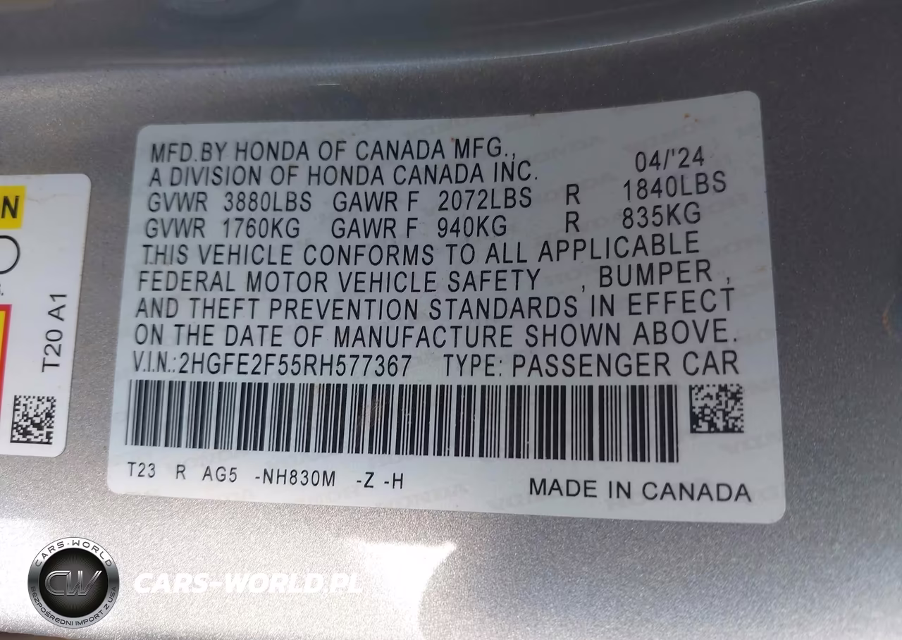 2024 Honda Civic Sport VIN:2HGFE2F55RH577367 - 9