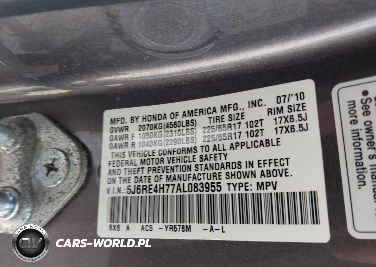 2010 Honda Cr-V Ex-L VIN:5J6RE4H77AL083955 - 9