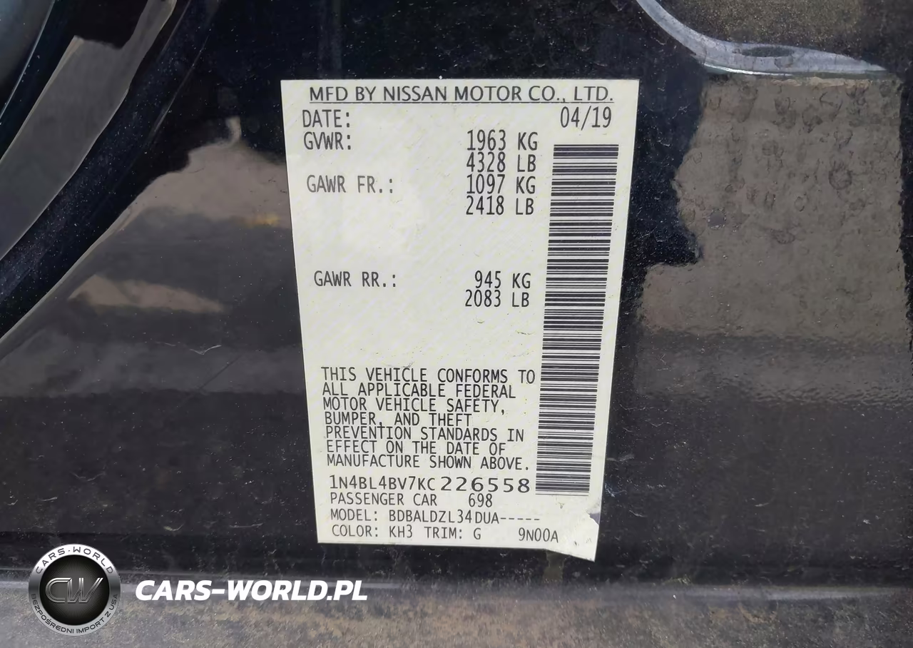 2019 Nissan Altima 2.5 S VIN:1N4BL4BV7KC226558 - 9